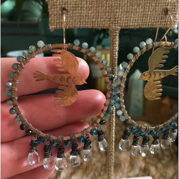 Hoop Earrings Aquamarine & Chrysocolla Brass Bird 🧿 🕊️ - Picture 5 of 8